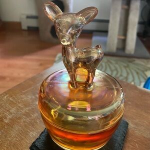 Jeannette Marigold Carnival Glass Fawn Powder Jar & Lid